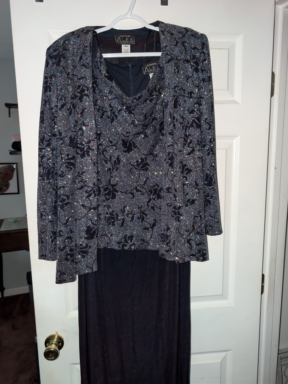 Alex Evenings Navy and Silver Sparkle Floral Maxi Dress Set